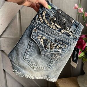 Miss Me Blue Jean Shorts with Black and White Accents
